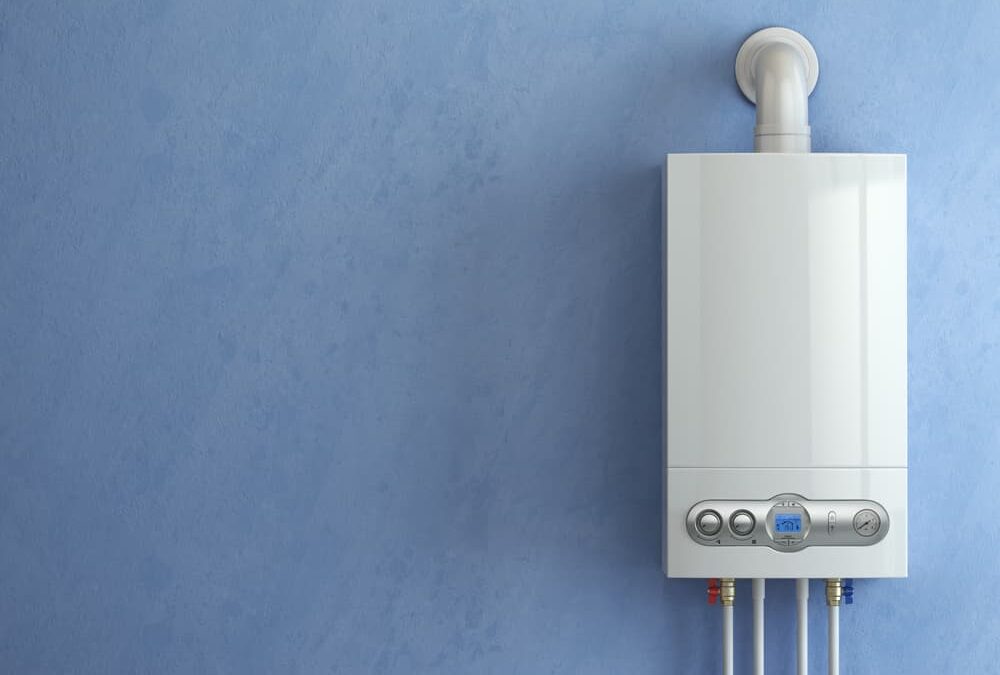 tankless water heater on blue background